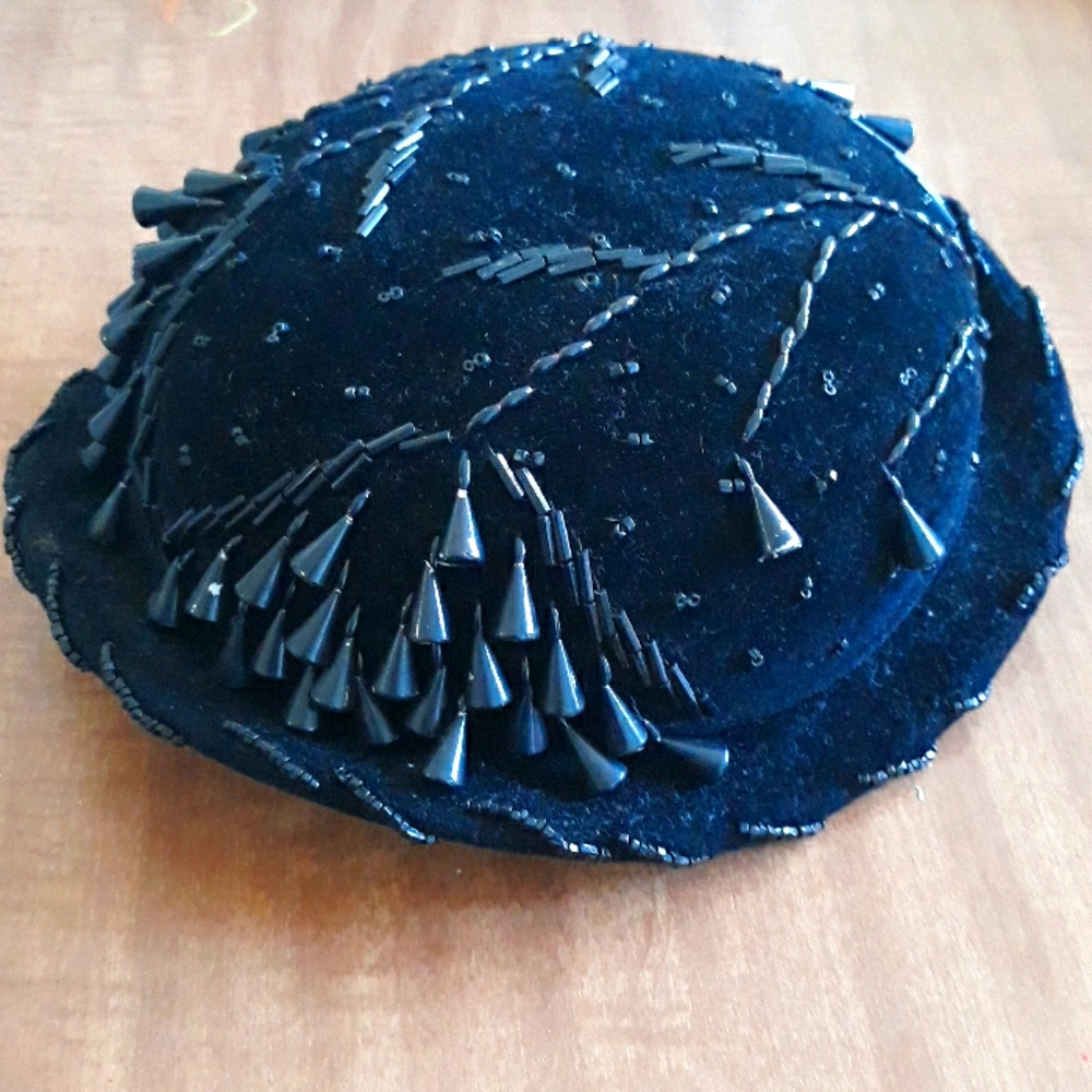 Black Velvet Beaded Vintage Hat - Vera Whistler
